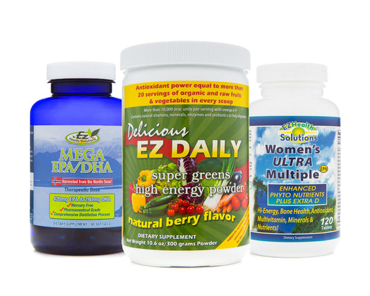 Women's Everyday Essential Supplements with Multivitamin, Fish Oil and Energy Boosting Greens Powder - EZ Health Solutions