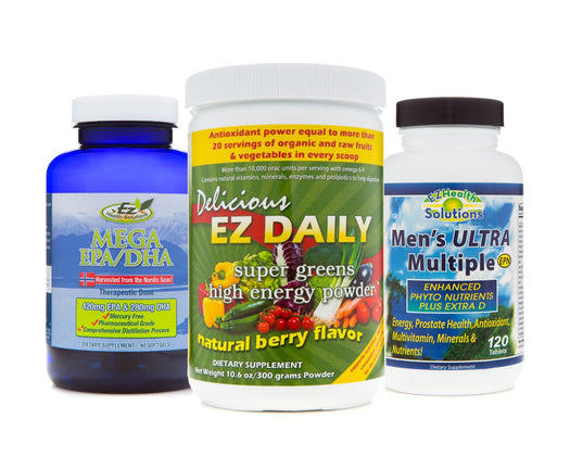 Men's Everyday Essential Supplements: Men's Ulta Multivitamin, Mega EPA/DHA Fish Oil and EZ Daily Greens Powder